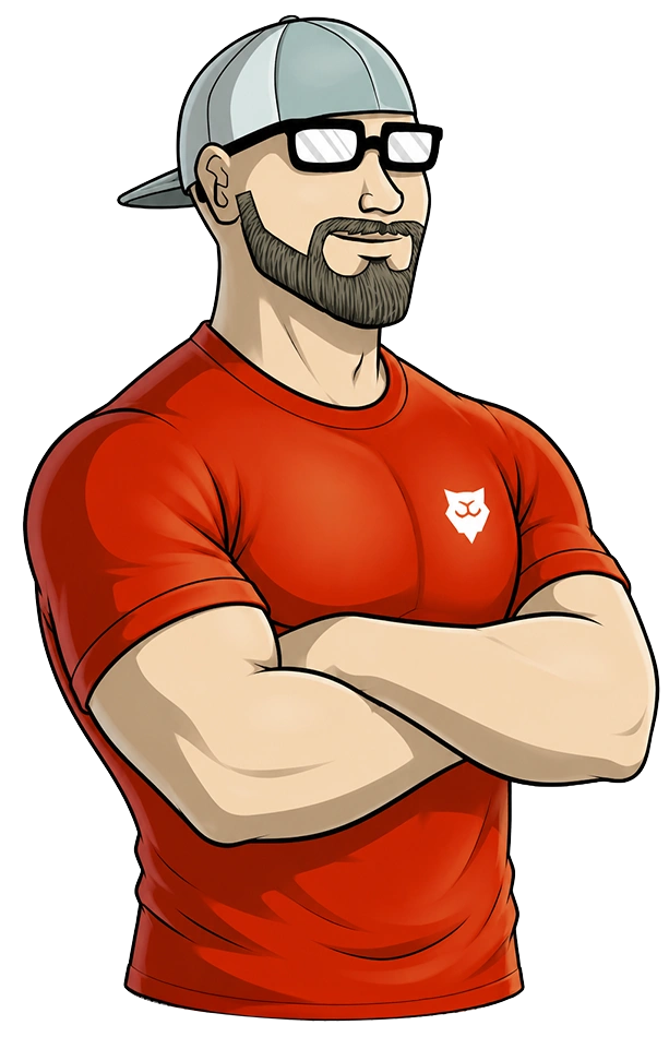 The itisntdan character in a backwards cap and red wolf logo tee, arms crossed