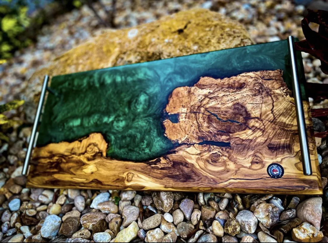 Olive wood serving board with a green resin river pour