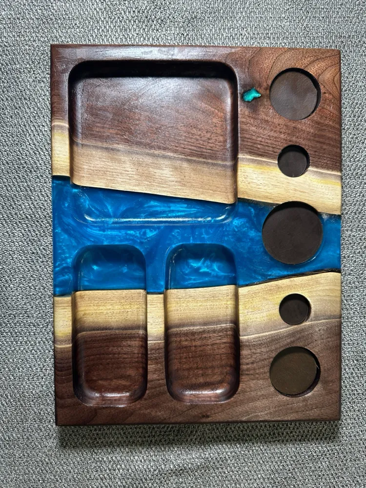 Clean walnut and blue resin Showcase Tray, carved and empty
