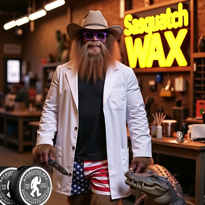 Sasquatch in a lab coat at the wax workshop